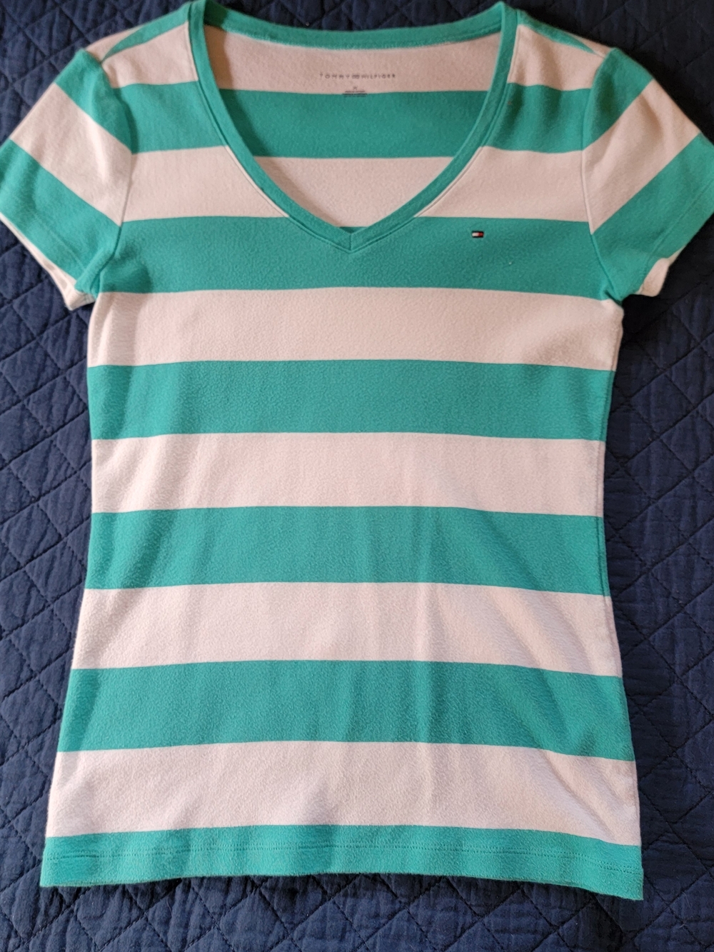 Tommy Hilfiger Women’s V-Neck Striped Tee in Aqua & White